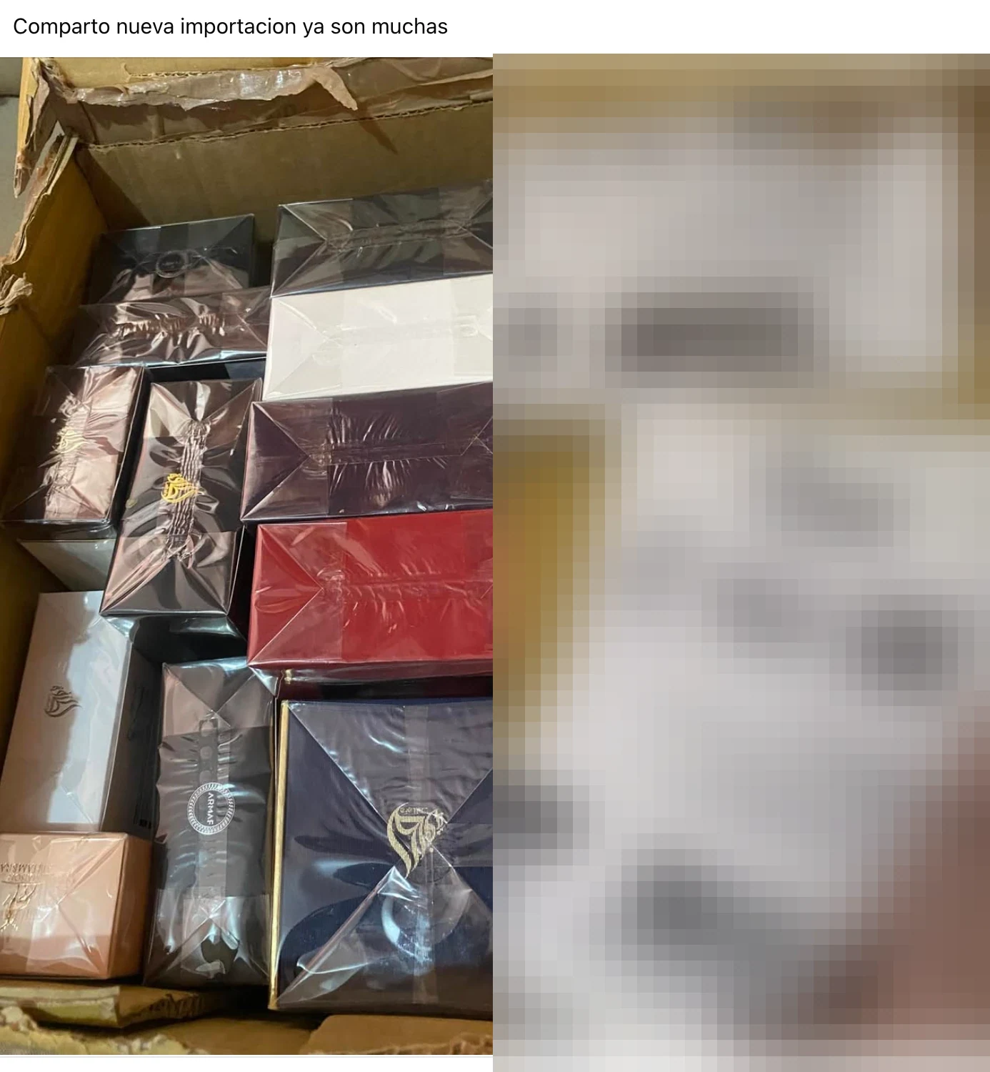 Publicación de Facebook: «comparto nueva importacion ya son muchas». Caja llena de perfumes de marca en sus estuches. La zona de las guías de envío está pixelada porque contenía datos personales.