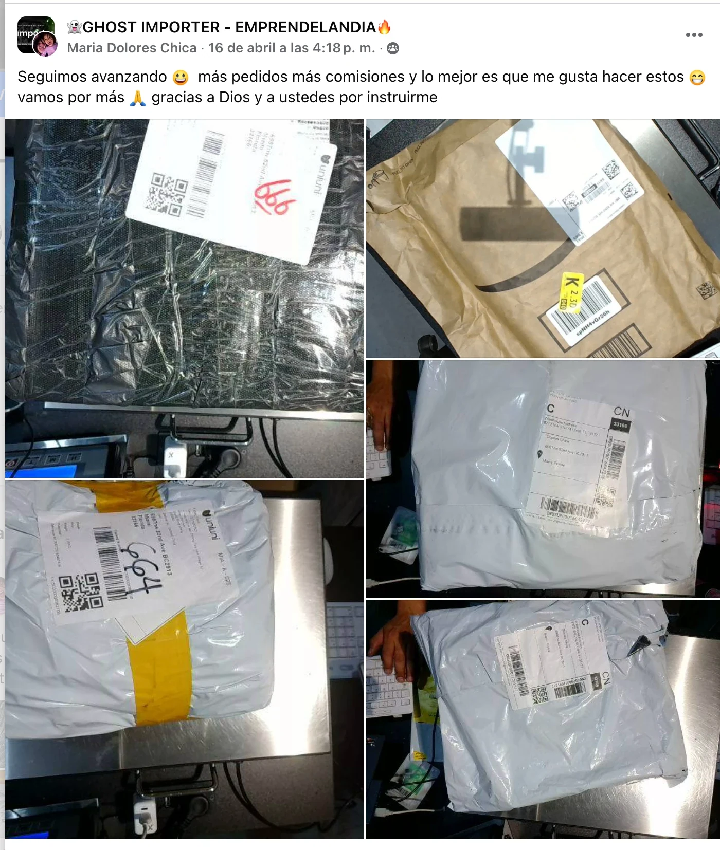 Publicación de Facebook de Maria Dolores Chica en el grupo Ghost Importer: «más pedidos más comisiones». Fotos de varios paquetes etiquetados sobre una báscula de envíos.