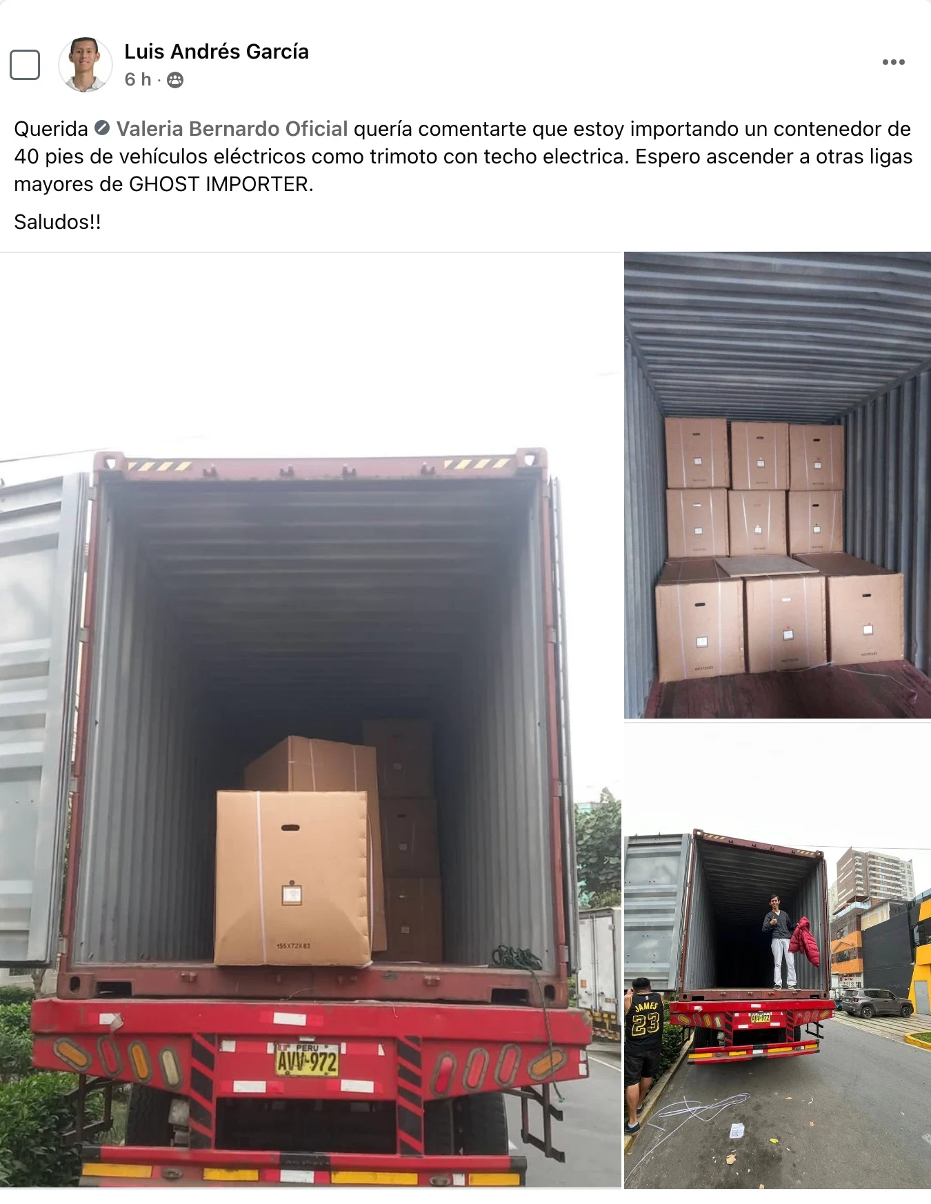 Publicación de Facebook de Luis Andrés García dirigida a Valeria Bernardo: dice que está importando un contenedor de 40 pies de vehículos eléctricos. Fotos de un contenedor abierto cargado de cajas sobre un camión.