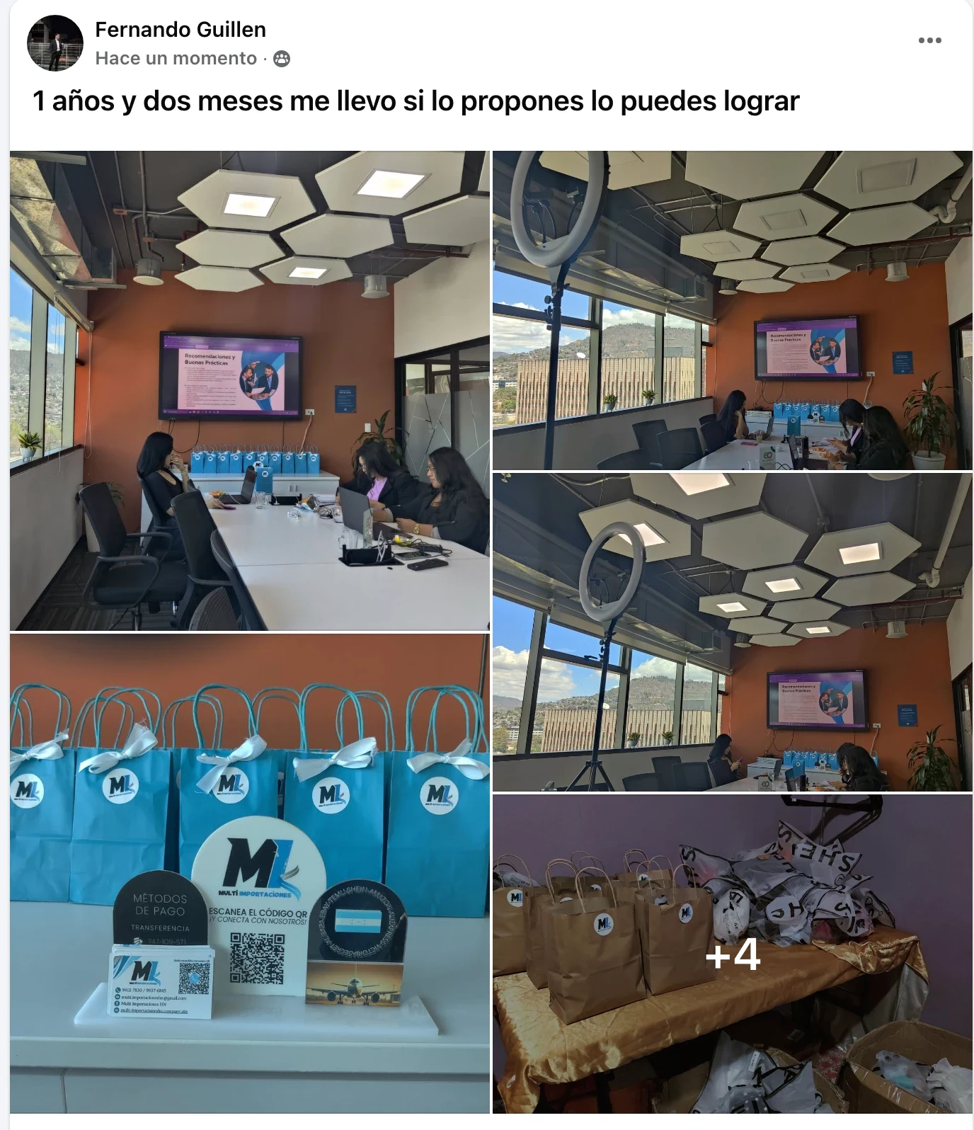 Publicación de Facebook de Fernando Guillen: «1 año y dos meses me llevó, si lo propones lo puedes lograr». Fotos de su oficina con una capacitación en curso y bolsas de regalo con la marca de su empresa.