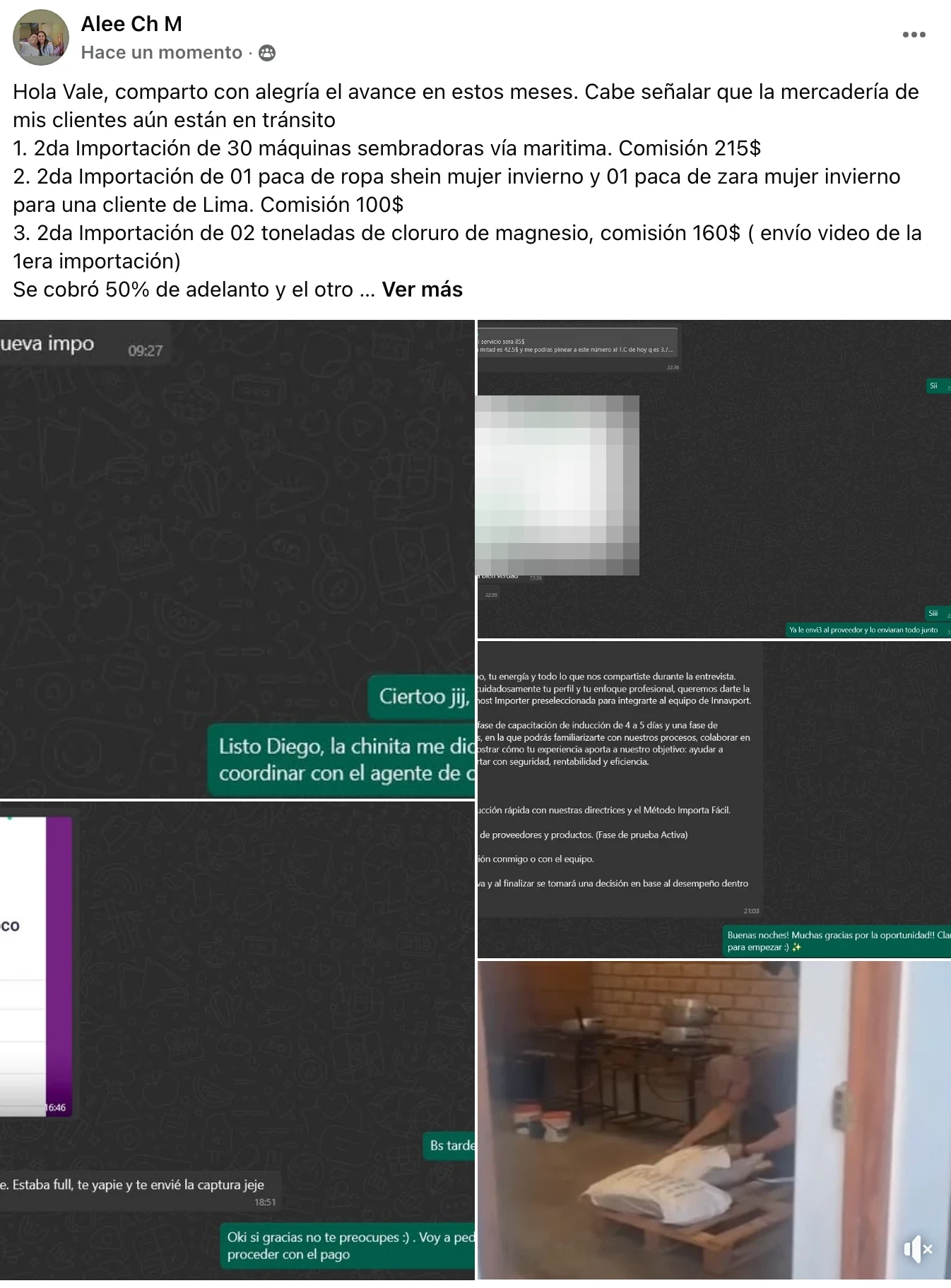Publicación de Facebook de Alee Ch M dirigida a Vale, con tres importaciones y sus comisiones: 30 máquinas sembradoras 215 dólares, dos pacas de ropa 100 dólares y dos toneladas de cloruro de magnesio 160 dólares. Abajo, capturas de las conversaciones con los clientes.